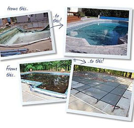 Poloroid photos of before-and-after swimming pool renovations